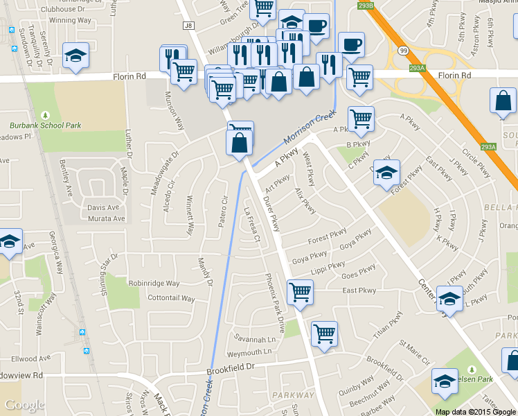 map of restaurants, bars, coffee shops, grocery stores, and more near 7344 Franklin Boulevard in Sacramento