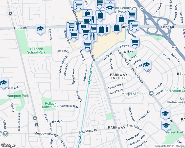 map of restaurants, bars, coffee shops, grocery stores, and more near 7367 Patero Circle in Sacramento