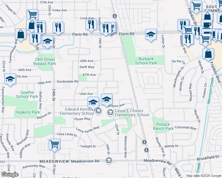 map of restaurants, bars, coffee shops, grocery stores, and more near 3111 Beeston Avenue in Sacramento
