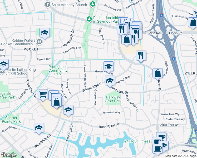 map of restaurants, bars, coffee shops, grocery stores, and more near 19 Green Mist Court in Sacramento