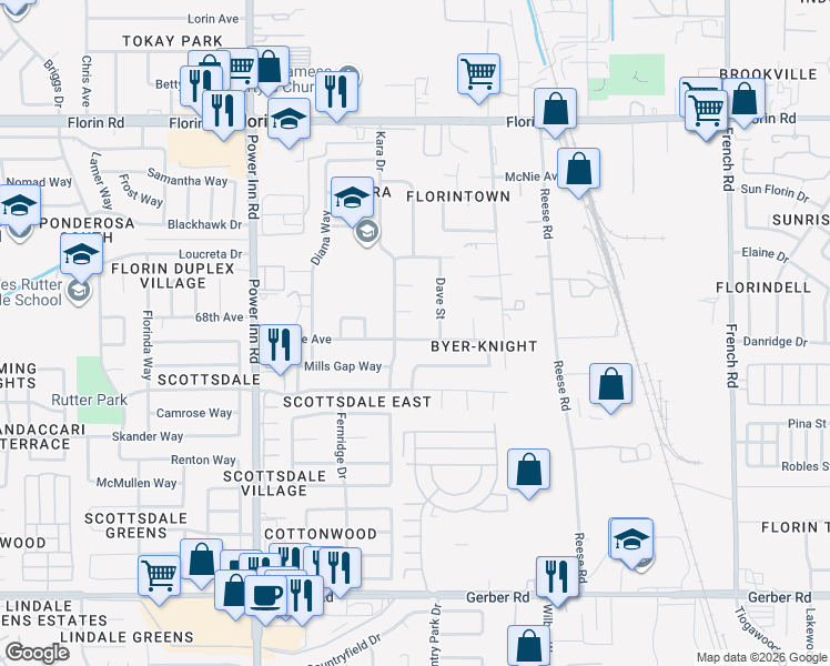 map of restaurants, bars, coffee shops, grocery stores, and more near 7353 Landsborough Court in Sacramento