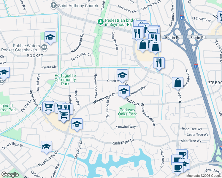 map of restaurants, bars, coffee shops, grocery stores, and more near 19 Green Mist Court in Sacramento