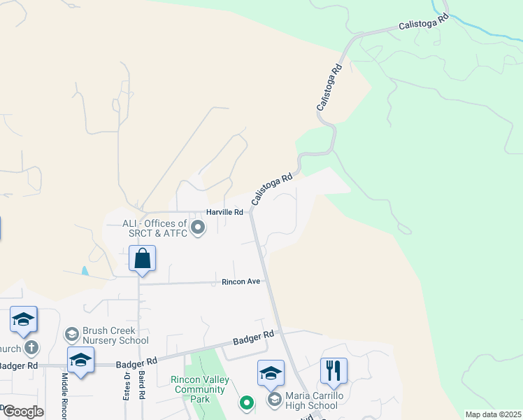 map of restaurants, bars, coffee shops, grocery stores, and more near 5035 Harville Road in Santa Rosa