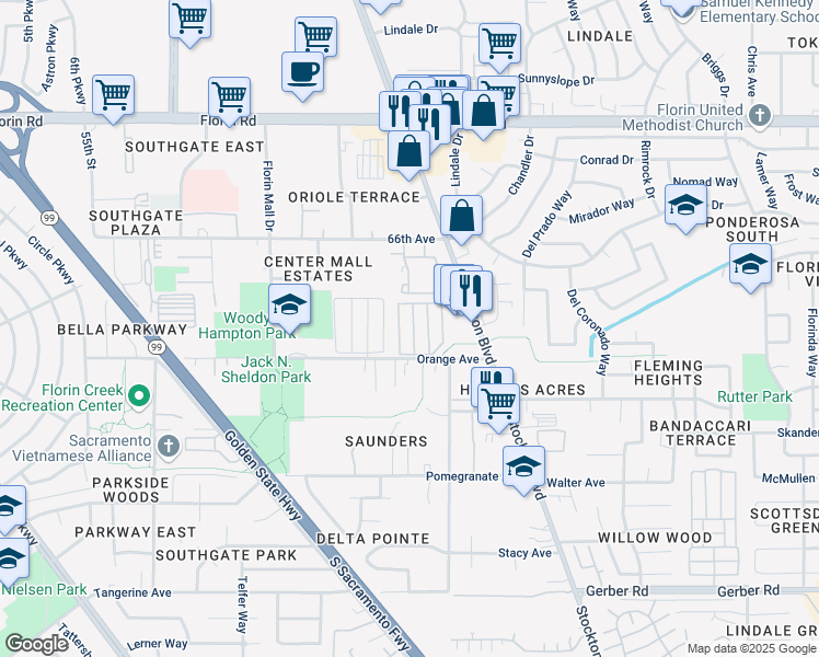 map of restaurants, bars, coffee shops, grocery stores, and more near 6435 Orange Avenue in Sacramento