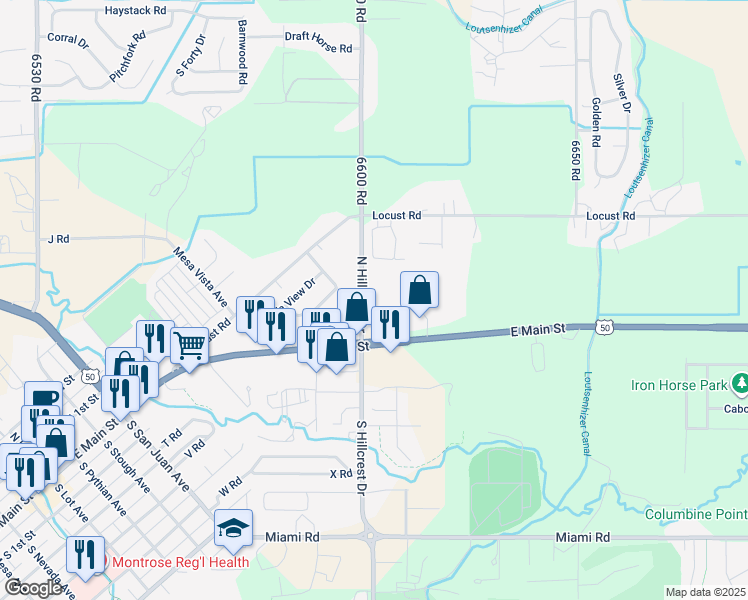 map of restaurants, bars, coffee shops, grocery stores, and more near 120 N Hillcrest Dr in Montrose
