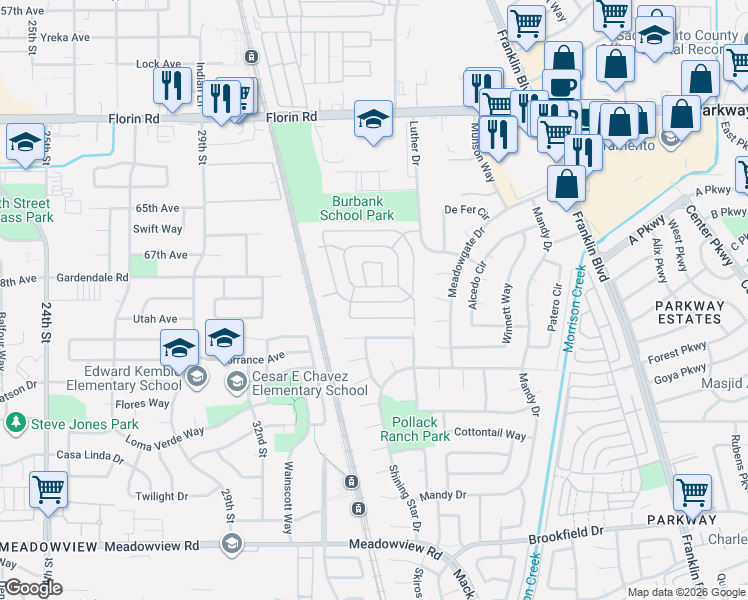 map of restaurants, bars, coffee shops, grocery stores, and more near 182 Wilshire Avenue in Sacramento