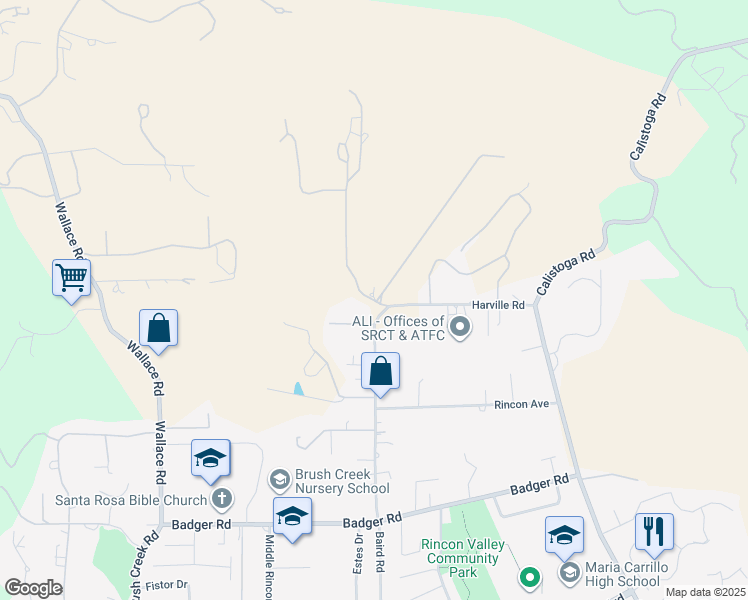 map of restaurants, bars, coffee shops, grocery stores, and more near 1556 Baird Road in Santa Rosa