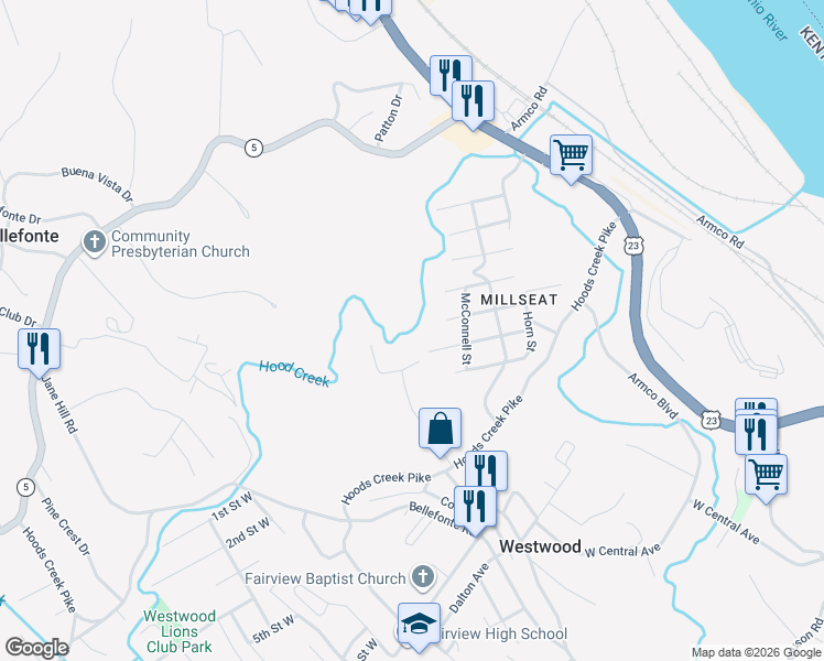 map of restaurants, bars, coffee shops, grocery stores, and more near 931 Wheatley Road in Westwood