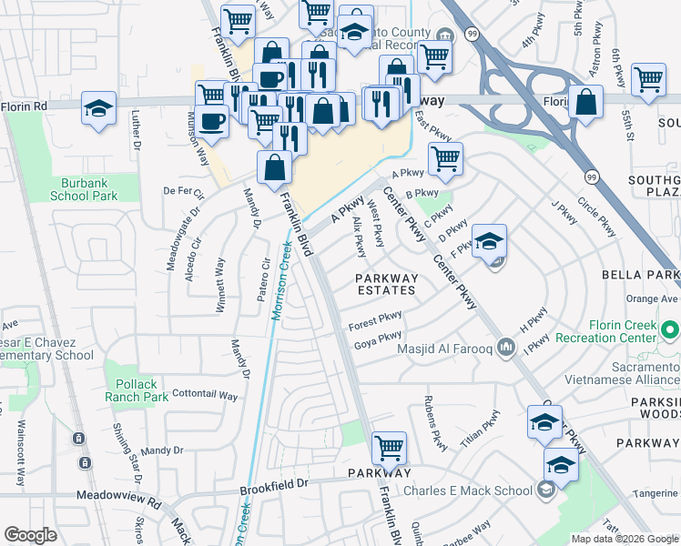 map of restaurants, bars, coffee shops, grocery stores, and more near 4412 Bouts Parkway in Sacramento