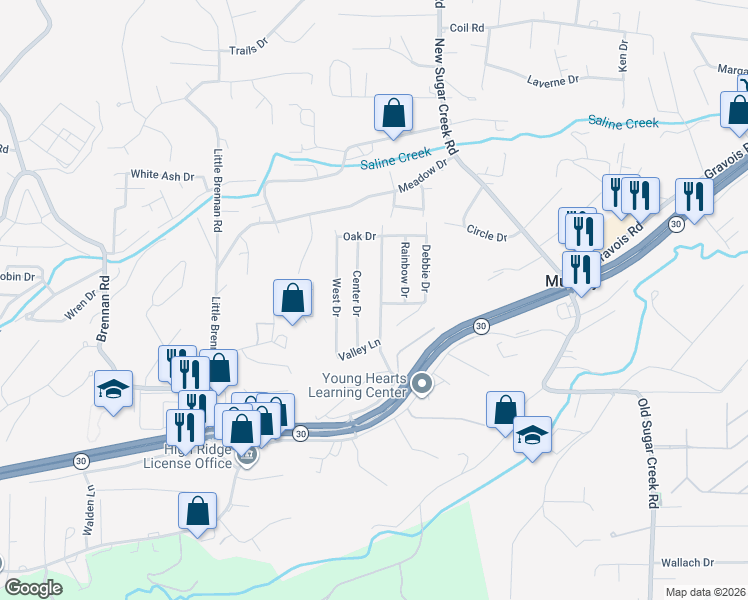map of restaurants, bars, coffee shops, grocery stores, and more near 1832 Main Drive in High Ridge