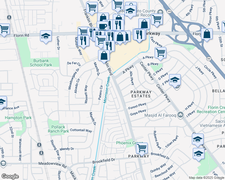 map of restaurants, bars, coffee shops, grocery stores, and more near 105 La Fresa Court in Sacramento