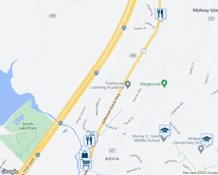 map of restaurants, bars, coffee shops, grocery stores, and more near 1108 Wind Ridge Drive in Stafford