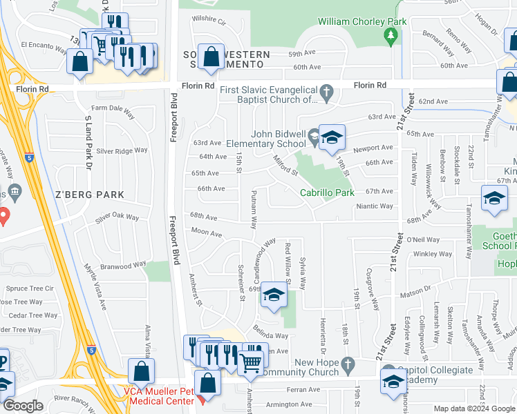 map of restaurants, bars, coffee shops, grocery stores, and more near 7365 Putnam Way in Sacramento