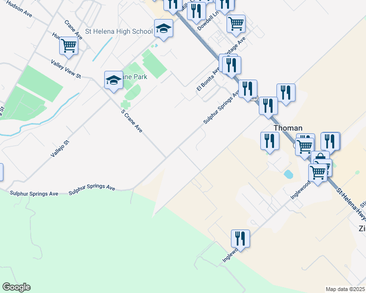 map of restaurants, bars, coffee shops, grocery stores, and more near 1691 Sulphur Springs Avenue in Saint Helena