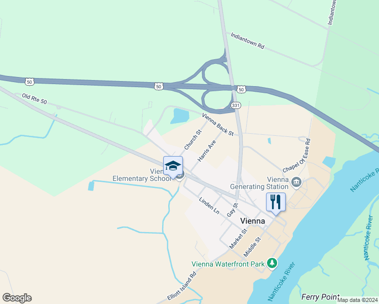 map of restaurants, bars, coffee shops, grocery stores, and more near 4607 Church Street in Vienna