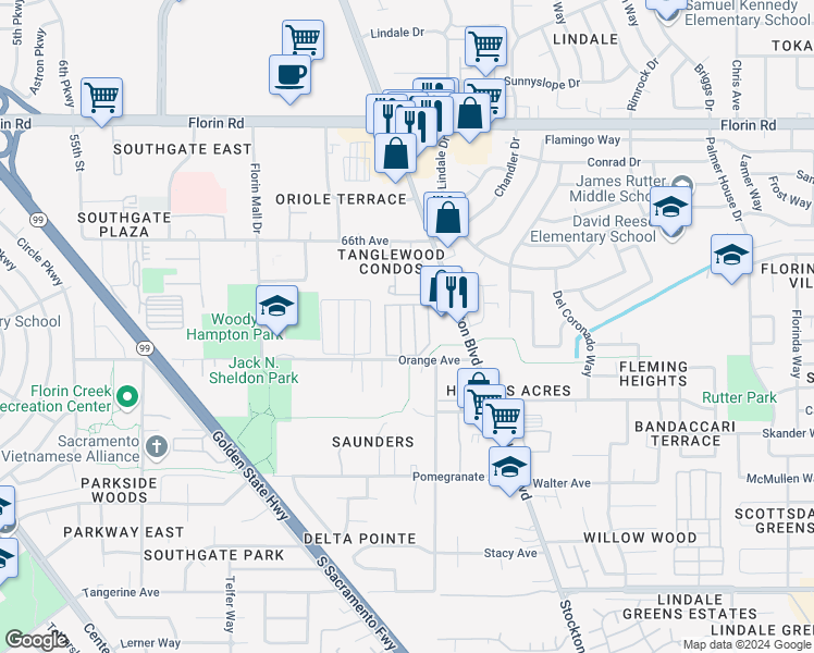 map of restaurants, bars, coffee shops, grocery stores, and more near 23b B Street in Sacramento