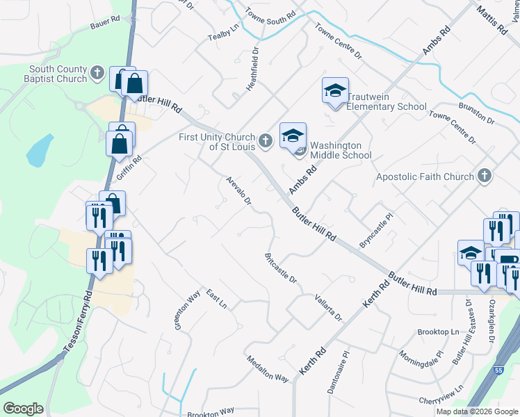 map of restaurants, bars, coffee shops, grocery stores, and more near 4745 Arevalo Drive in St. Louis