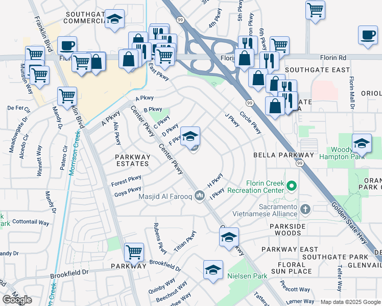 map of restaurants, bars, coffee shops, grocery stores, and more near 4720 Forest Parkway in Sacramento