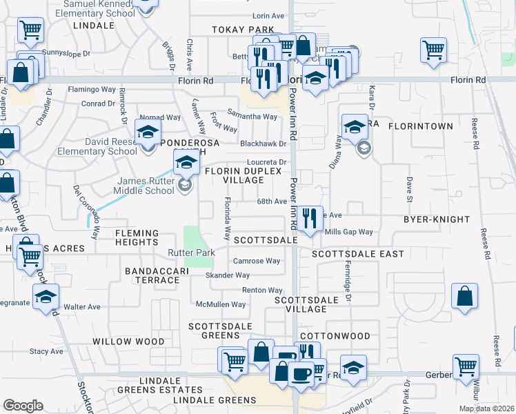 map of restaurants, bars, coffee shops, grocery stores, and more near in Florin