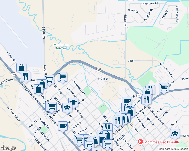map of restaurants, bars, coffee shops, grocery stores, and more near 711 Arroyo Alley in Montrose