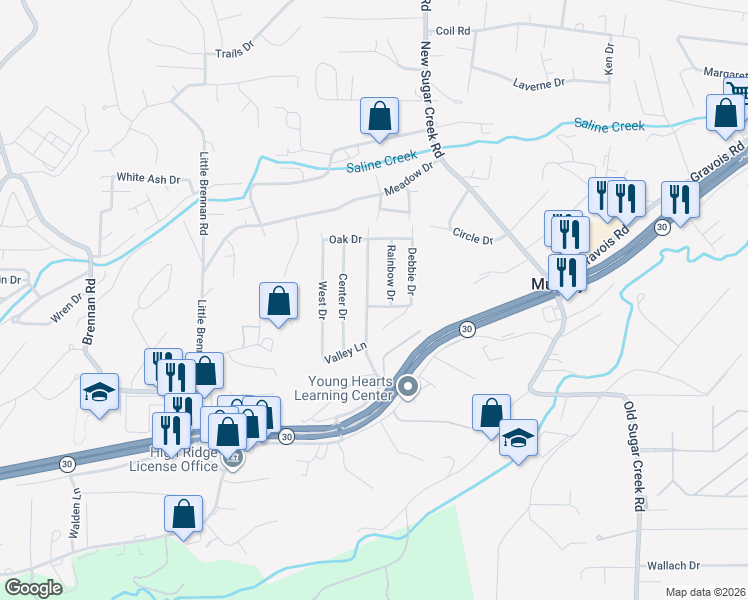 map of restaurants, bars, coffee shops, grocery stores, and more near 1832 Main Dr in High Ridge