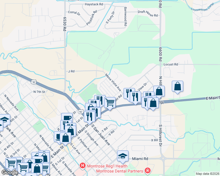 map of restaurants, bars, coffee shops, grocery stores, and more near H Road in Montrose