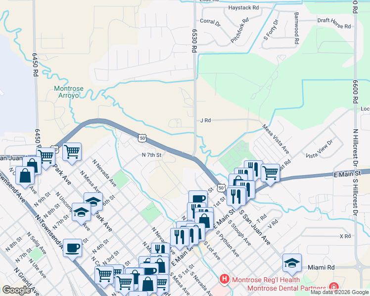 map of restaurants, bars, coffee shops, grocery stores, and more near 469 6530 Road in Montrose