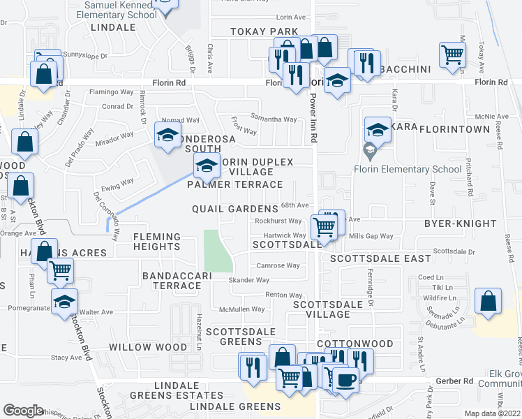 map of restaurants, bars, coffee shops, grocery stores, and more near 7808 68th Avenue in Sacramento