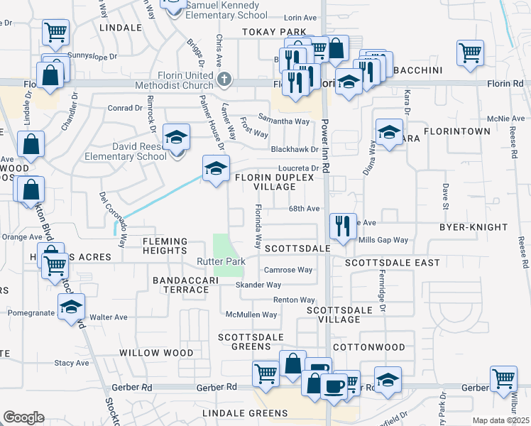 map of restaurants, bars, coffee shops, grocery stores, and more near 7804 68th Avenue in Sacramento