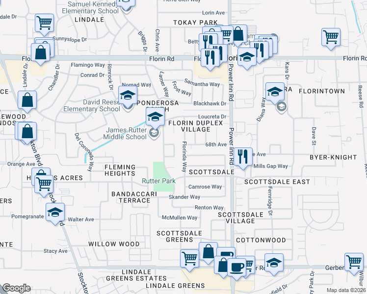 map of restaurants, bars, coffee shops, grocery stores, and more near 7346 Florinda Way in Sacramento