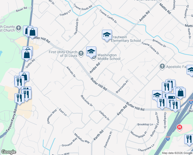 map of restaurants, bars, coffee shops, grocery stores, and more near 5191 Butler Bend Drive in St. Louis
