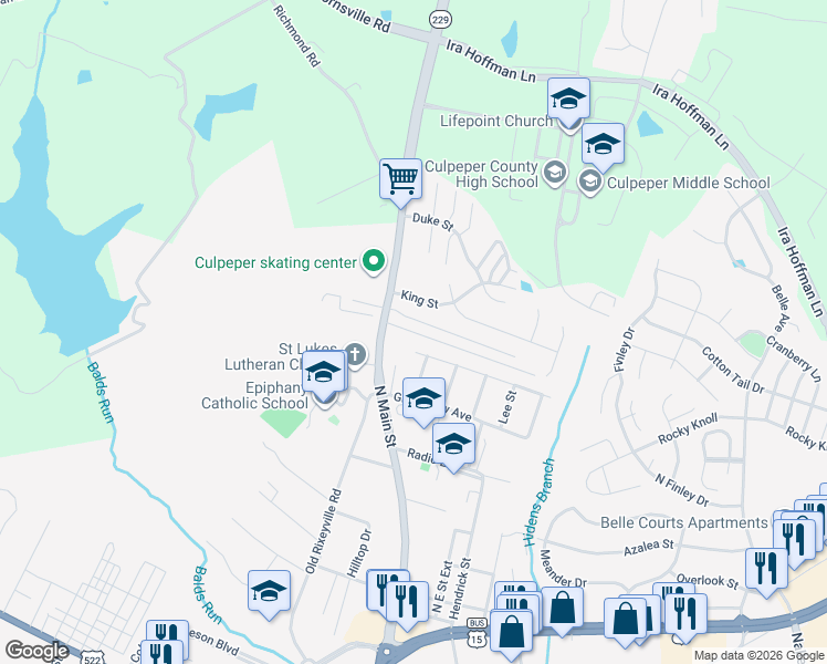 map of restaurants, bars, coffee shops, grocery stores, and more near 92 Garr Avenue in Culpeper