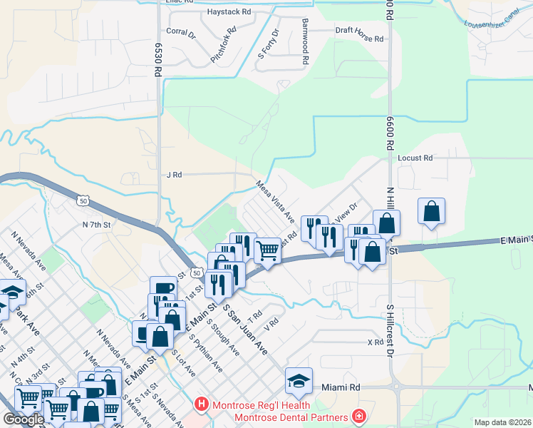 map of restaurants, bars, coffee shops, grocery stores, and more near H Road in Montrose