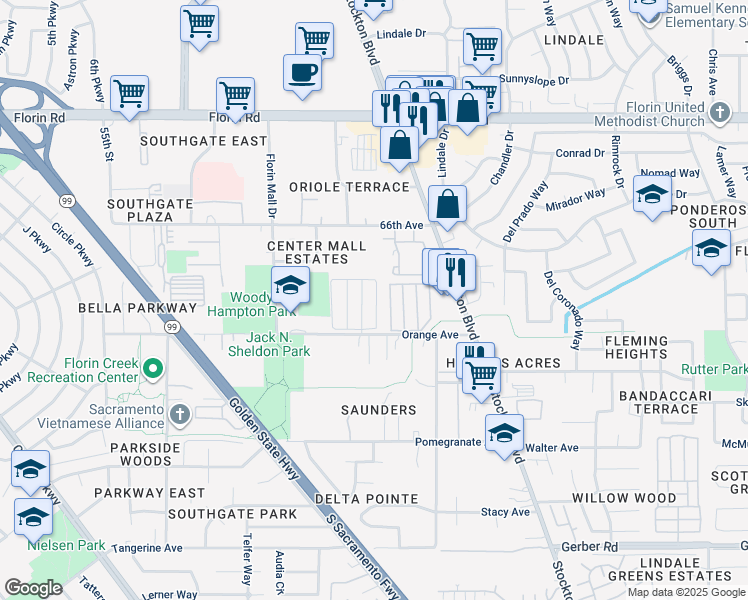 map of restaurants, bars, coffee shops, grocery stores, and more near 28 D Street in Sacramento