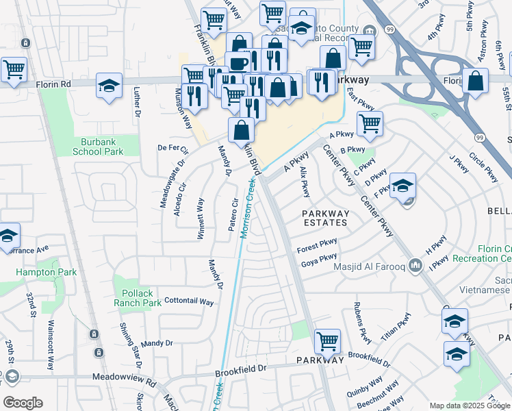 map of restaurants, bars, coffee shops, grocery stores, and more near 7344 Franklin Boulevard in Sacramento