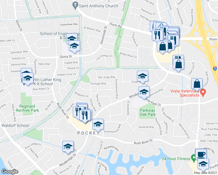 map of restaurants, bars, coffee shops, grocery stores, and more near 815 Portugal Way in Sacramento