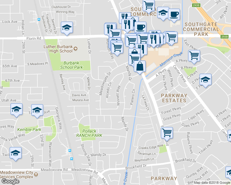 map of restaurants, bars, coffee shops, grocery stores, and more near 7376 Winnett Way in Sacramento