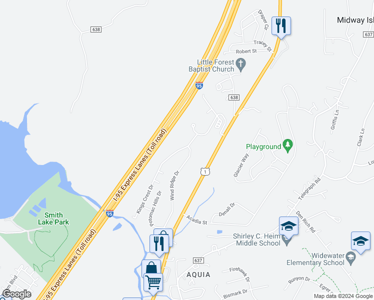 map of restaurants, bars, coffee shops, grocery stores, and more near 196 Kings Crest Drive in Stafford
