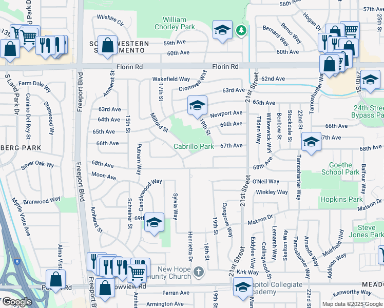 map of restaurants, bars, coffee shops, grocery stores, and more near 7399 Milford Street in Sacramento