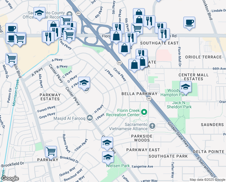 map of restaurants, bars, coffee shops, grocery stores, and more near 5000 I Parkway in Sacramento