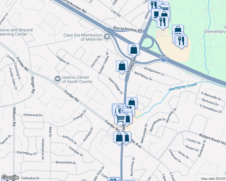 map of restaurants, bars, coffee shops, grocery stores, and more near 501 Golden Valley Drive in St. Louis