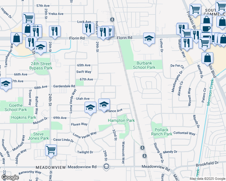 map of restaurants, bars, coffee shops, grocery stores, and more near 3111 Beeston Avenue in Sacramento