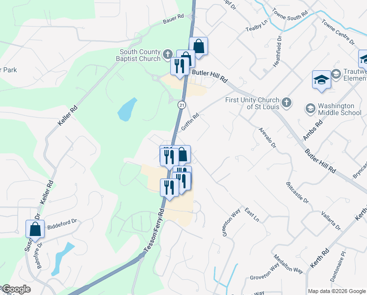 map of restaurants, bars, coffee shops, grocery stores, and more near 13106 Tesson Ferry Road in St. Louis