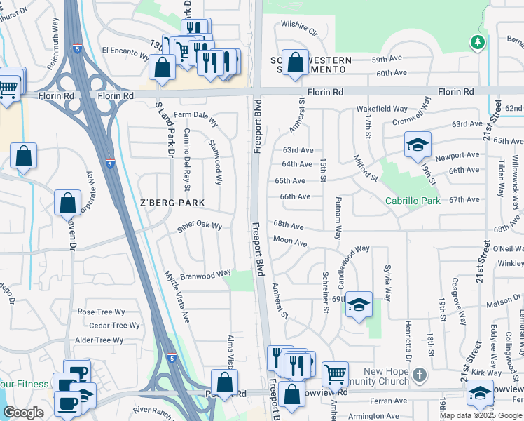 map of restaurants, bars, coffee shops, grocery stores, and more near 7356 Amherst Street in Sacramento