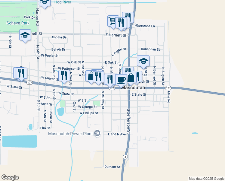 map of restaurants, bars, coffee shops, grocery stores, and more near 102 East Main Street in Mascoutah