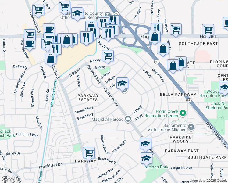 map of restaurants, bars, coffee shops, grocery stores, and more near 4705 Forest Parkway in Sacramento
