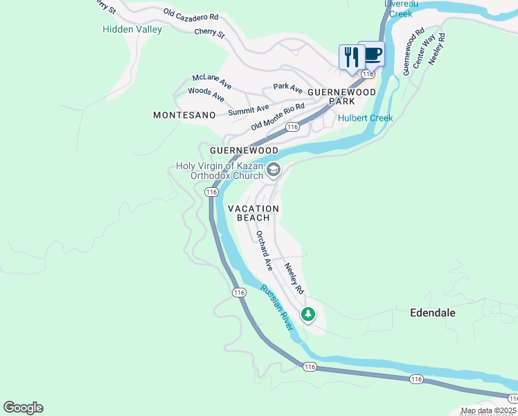 map of restaurants, bars, coffee shops, grocery stores, and more near 17413 River Lane in Guerneville