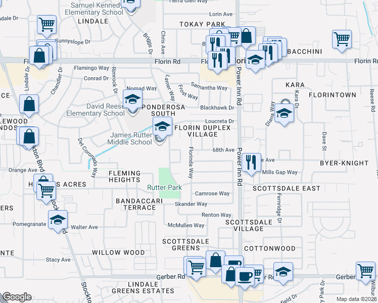 map of restaurants, bars, coffee shops, grocery stores, and more near 7344 Florinda Way in Sacramento