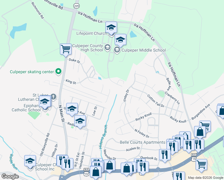 map of restaurants, bars, coffee shops, grocery stores, and more near 1311 Monarch Street in Culpeper