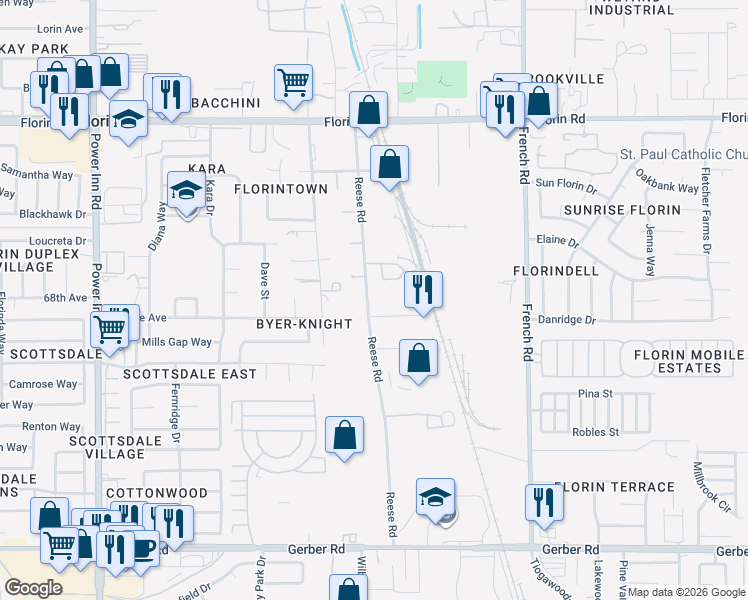 map of restaurants, bars, coffee shops, grocery stores, and more near 7372 Reese Road in Sacramento